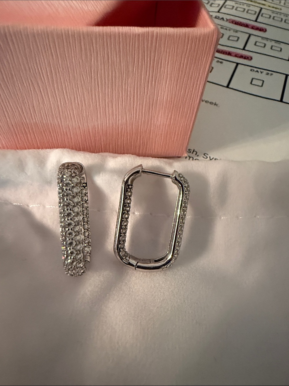 Diamonique Silver Pavé Rectangle Huggie Earrings with Pink Gift Box